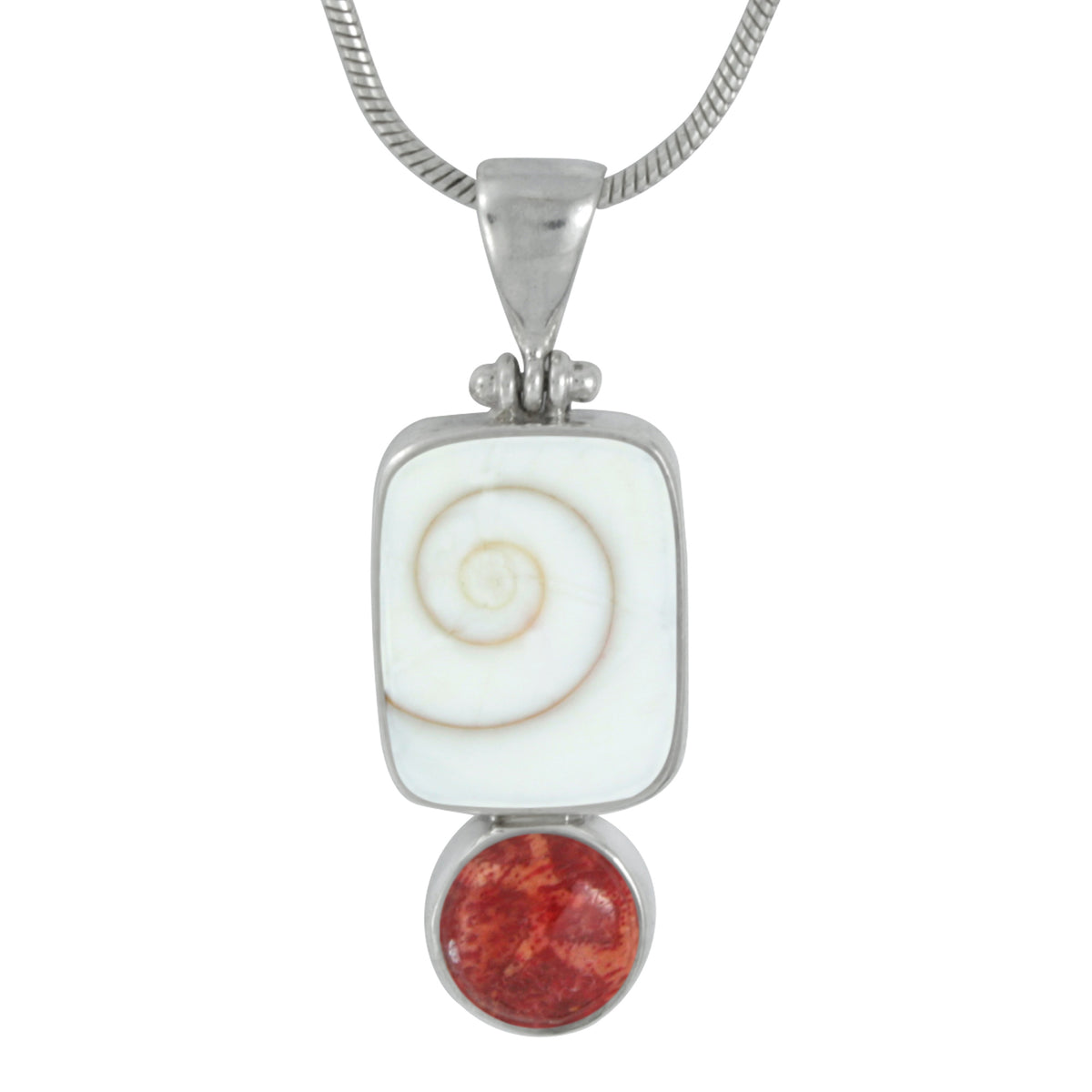 Silver Pendant With Shell Spiral Rectangle &amp; Sponge Coral Round