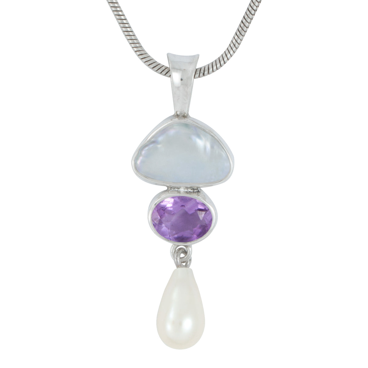 Silver Pendant With Pearl Keishi, Amethyst Oval &amp; Fresh Pearl Drop