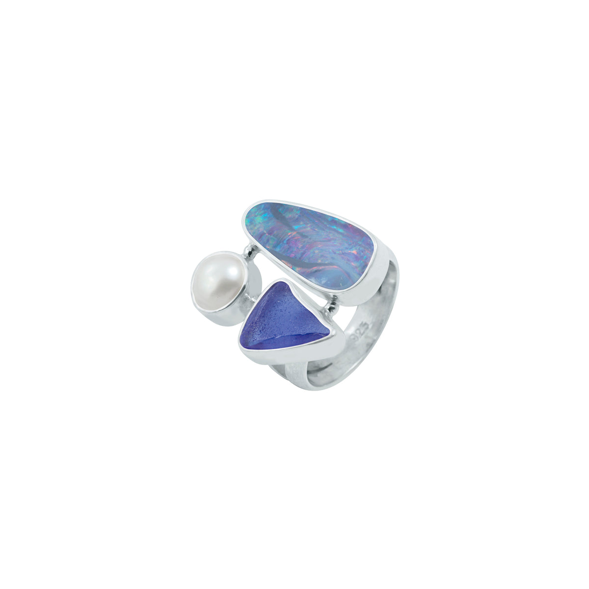 Silver Ring With Opal Free Form, Pearl &amp; Sea Glass Blue