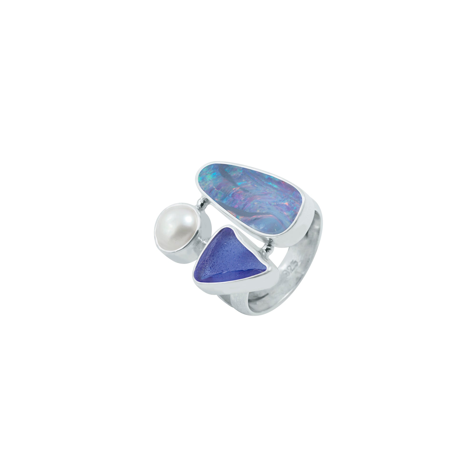 Silver Ring With Opal Free Form, Pearl & Sea Glass Blue