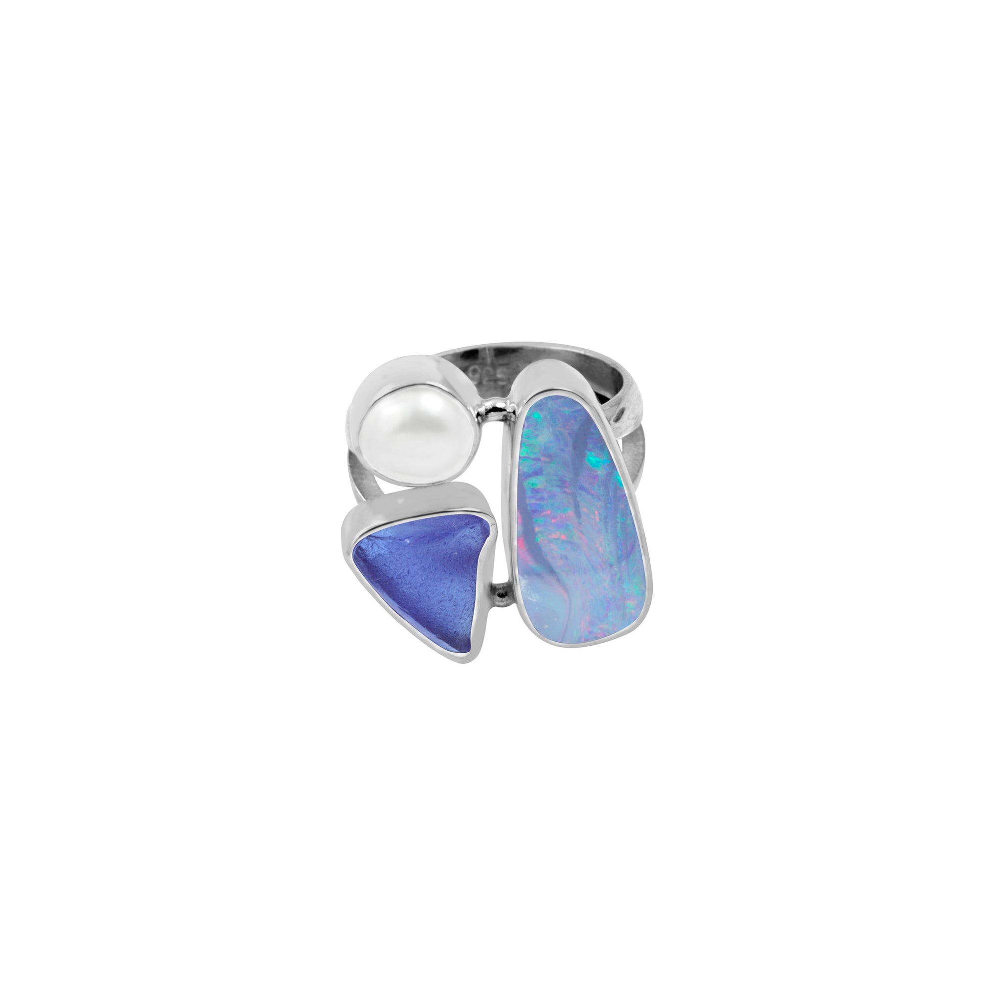 Silver Ring With Opal Free Form, Pearl & Sea Glass Blue
