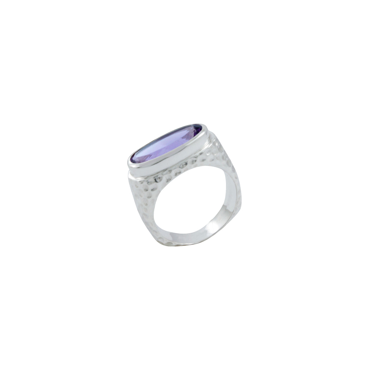 Silver Ring Oval Stone With Hammered Motif