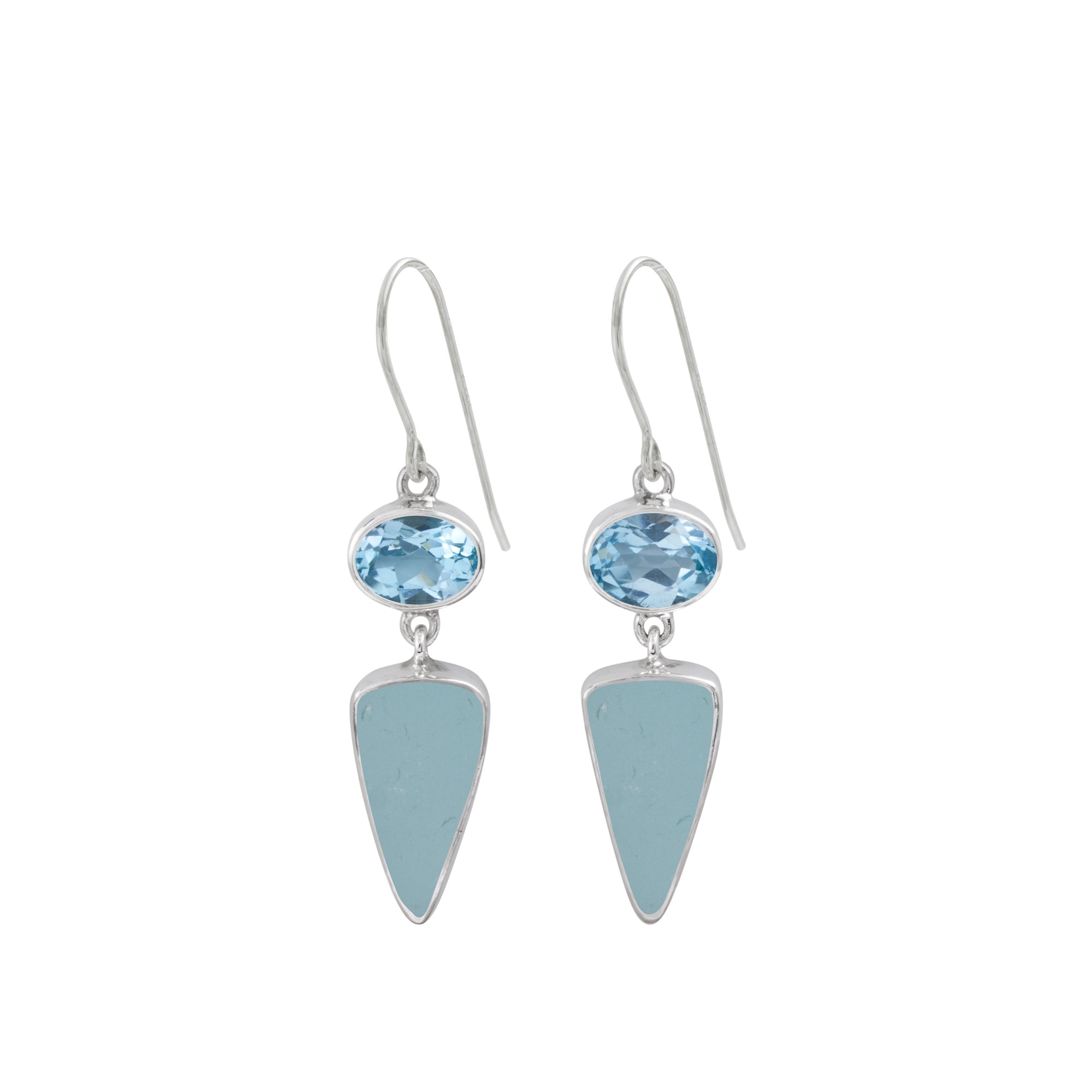 Sterling Silver Earrring With Blue Topaz Oval Facet & Sea Glass Drop