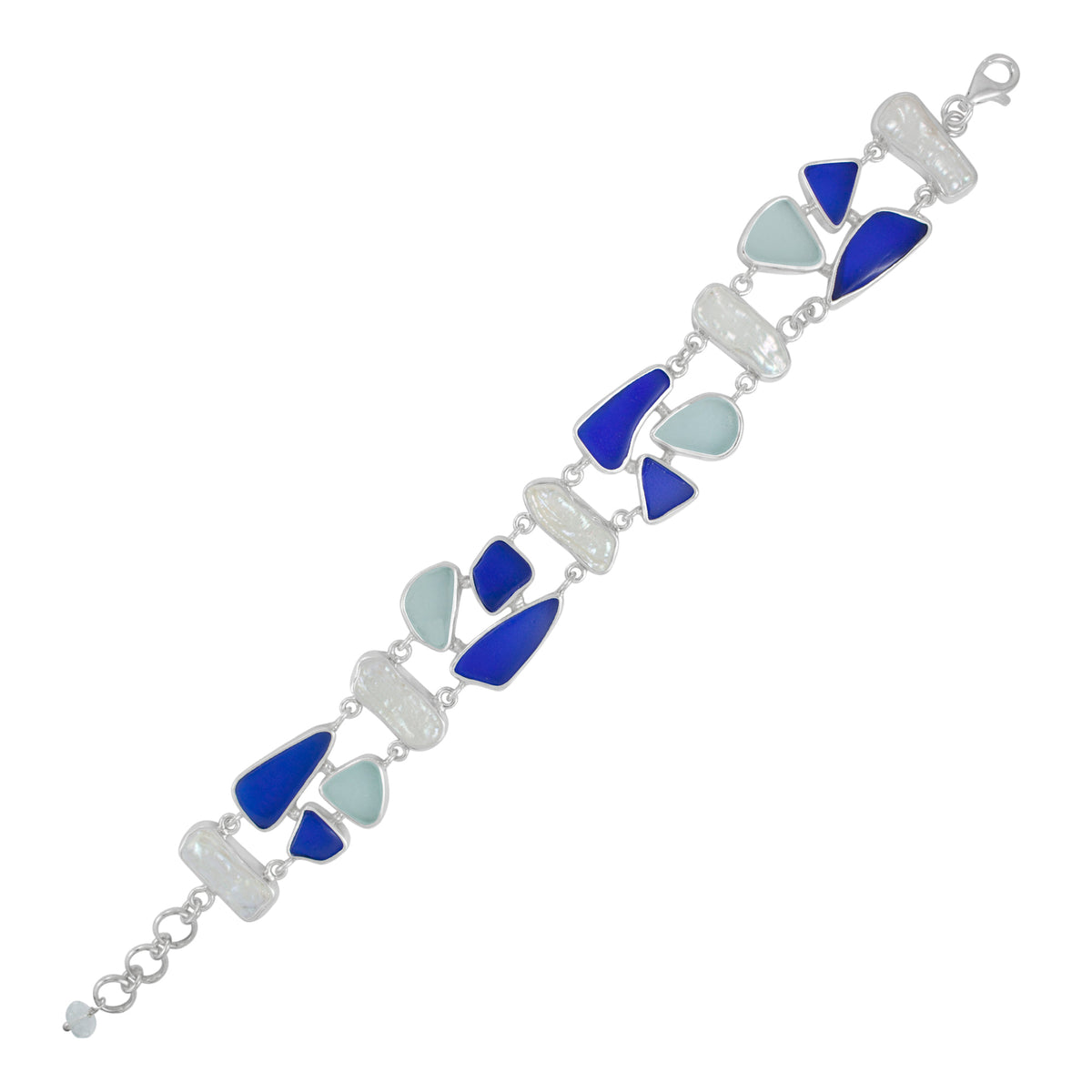Sterling Silver Bracelet With Sea Glass Aqua, Blue, Green And Pearl
