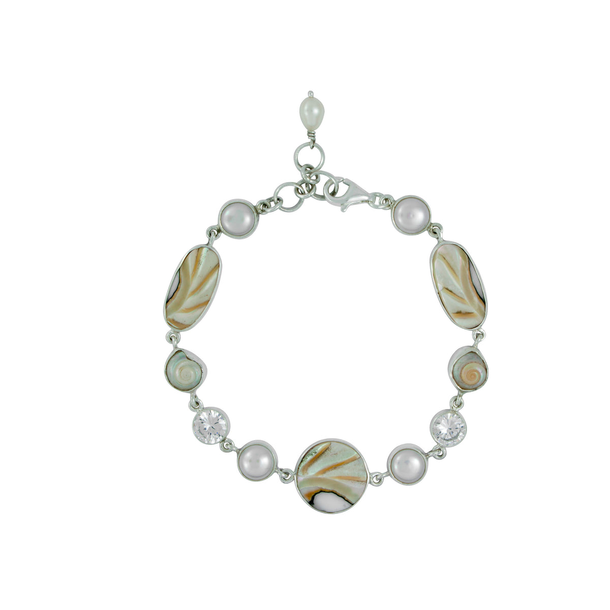 Silver Bracelet With Shell Nautilad Round &amp; Oval, Pearl Round, Shell Malabar Turbo