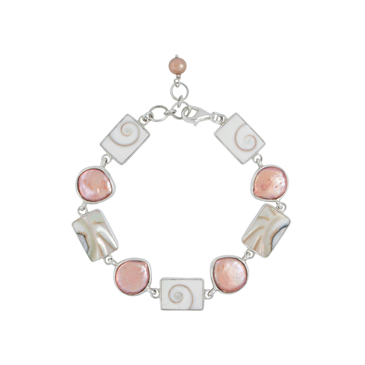 Silver Bracelet With Shell Spiral, Shell Nautilas And Pearl