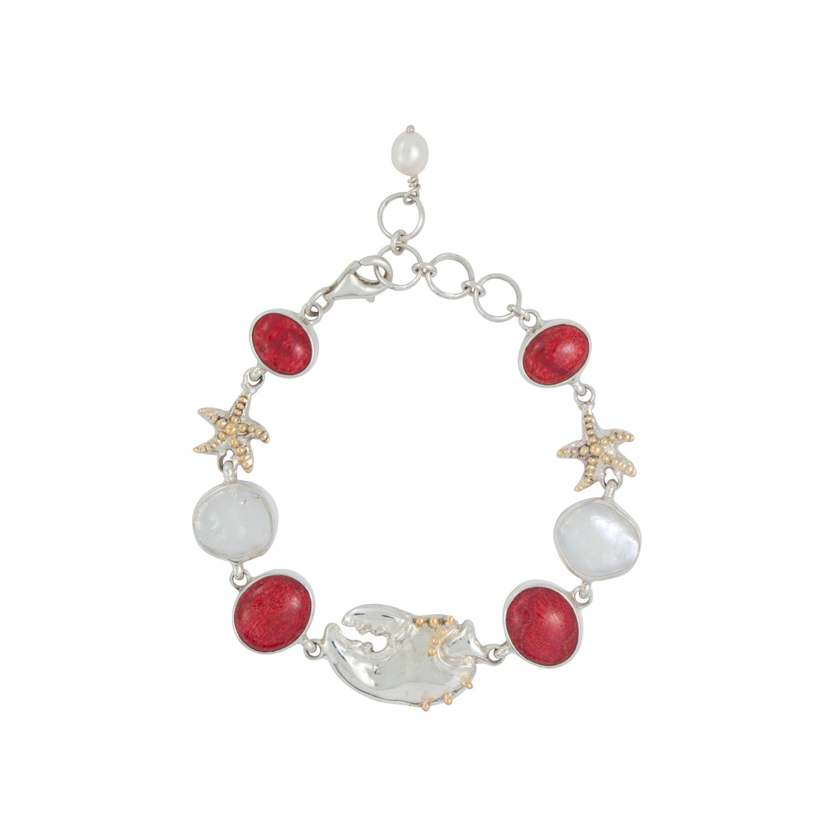 Silver Bracelet With Star And Claw Component With Pearl, Sponge Coral Oval