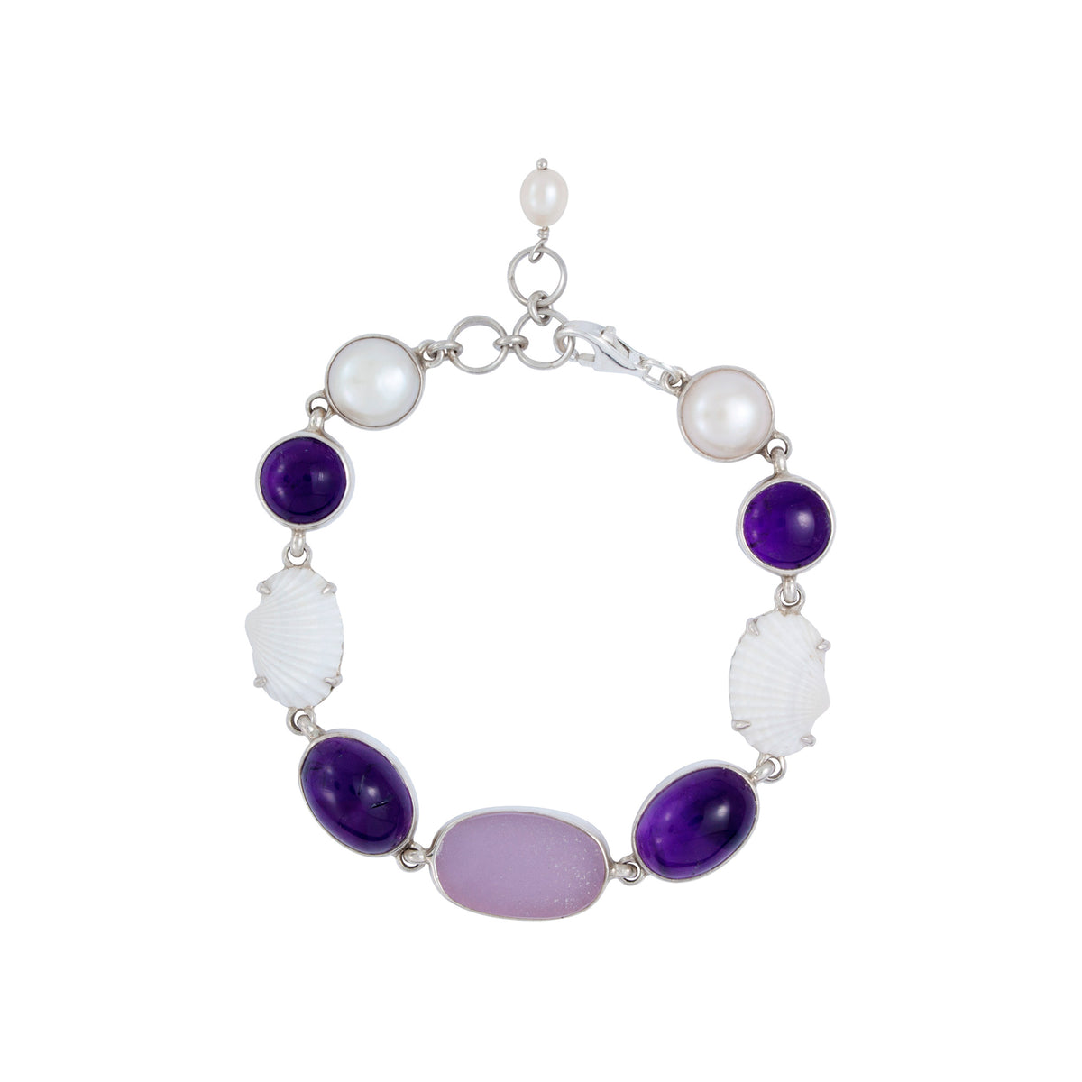 Silver Bracelet With White Ark, Amy Oval and Round, Lavender Sea Glass &amp; Pearl Round