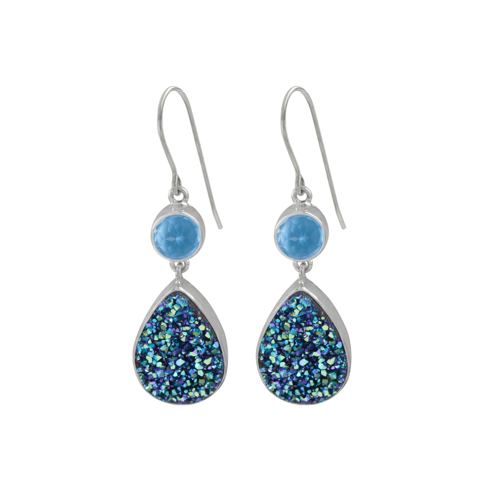 Silver Earring With Pearl Round & Green Druzy Tear Drop