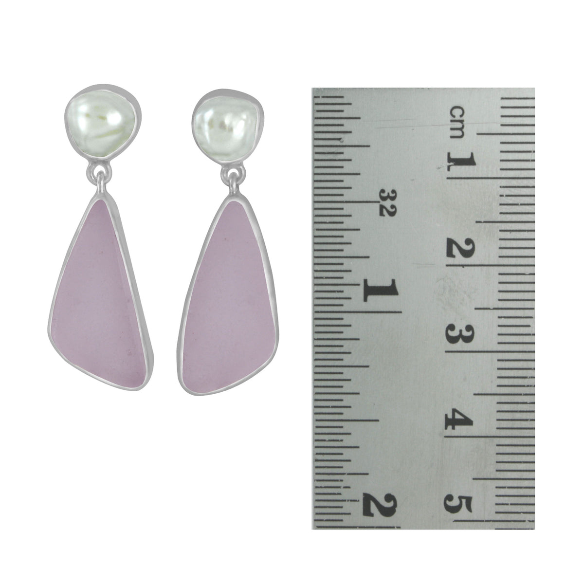 Silver Earring With  Pearl Keishi &amp; Sea Glass Lavendre Drop