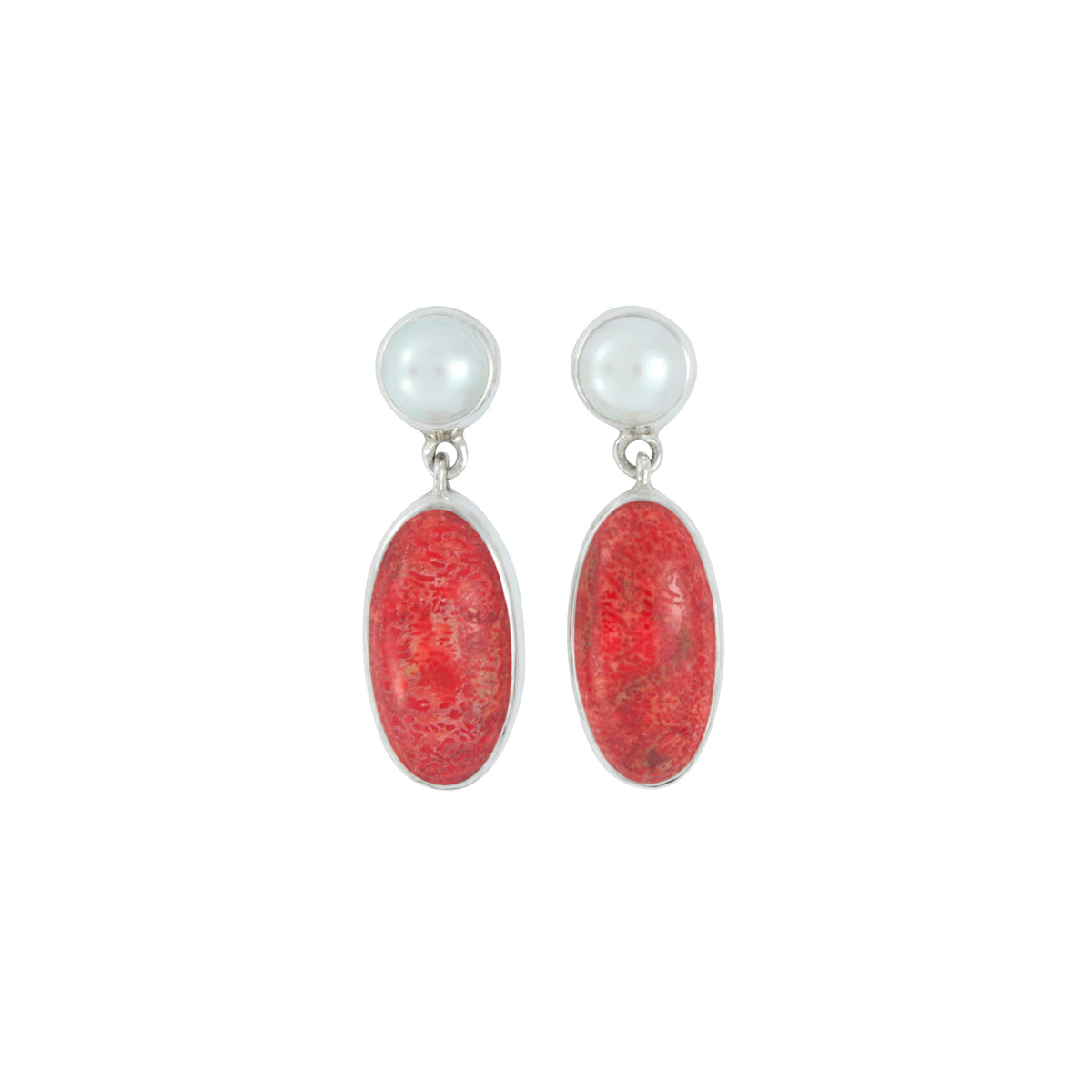 Silver Earring With Pearl Round &amp; Sponge Coral Oval Drop