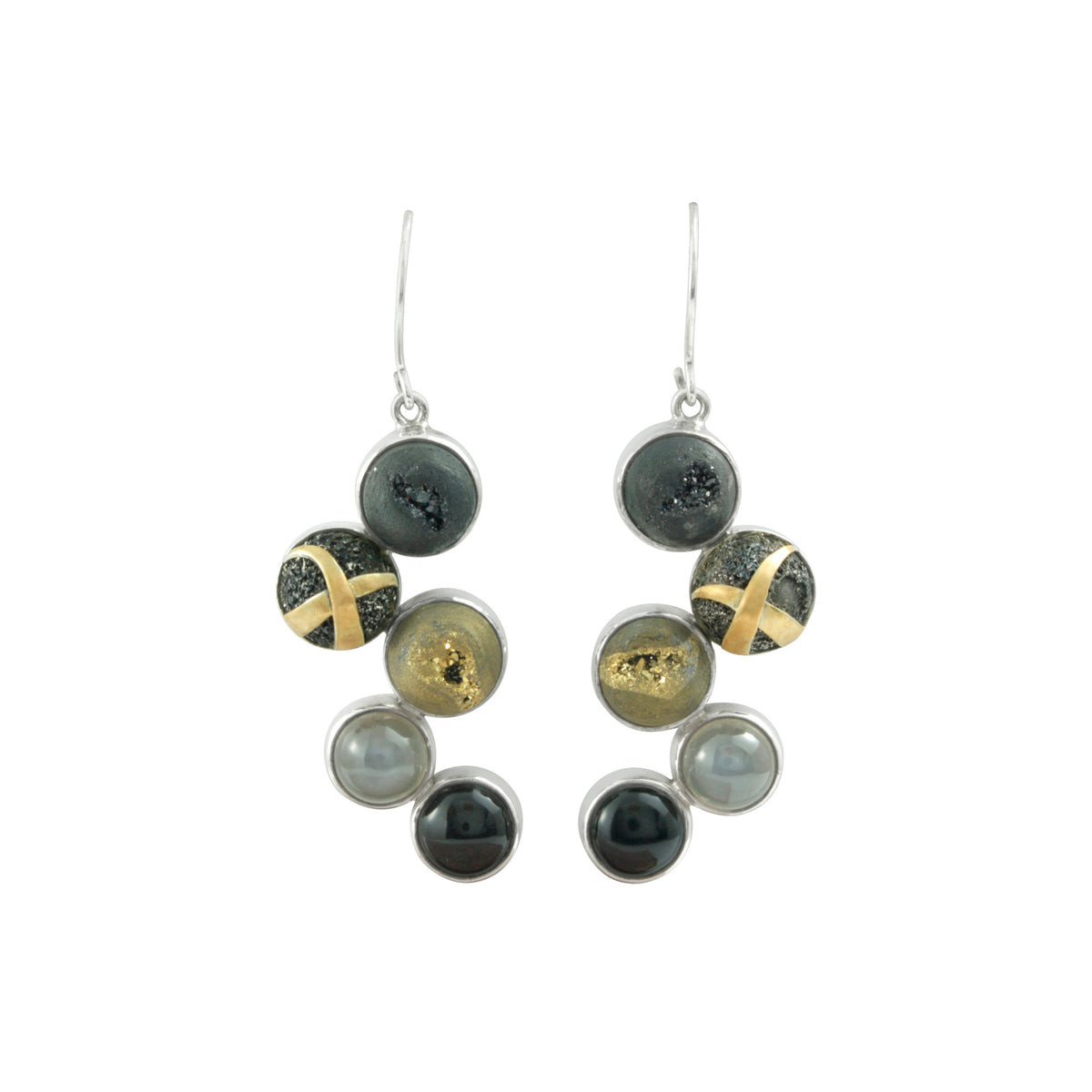 Geometric Earring with Druze Onyx &amp; Grey Moonstone