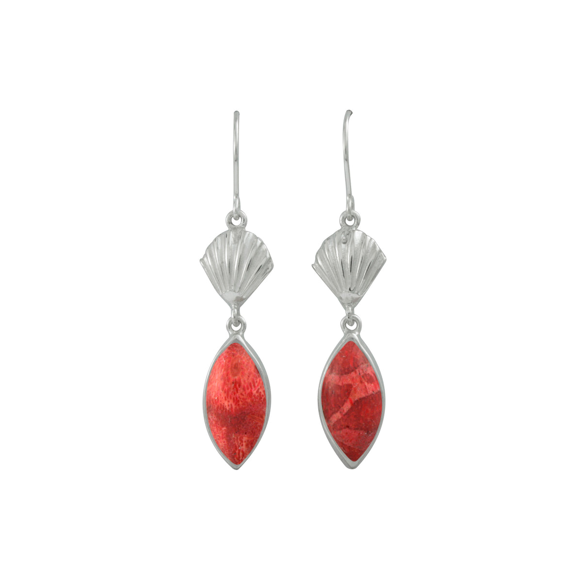 Silver Earring With Shell Component &amp; Sponge Coral Marquoise