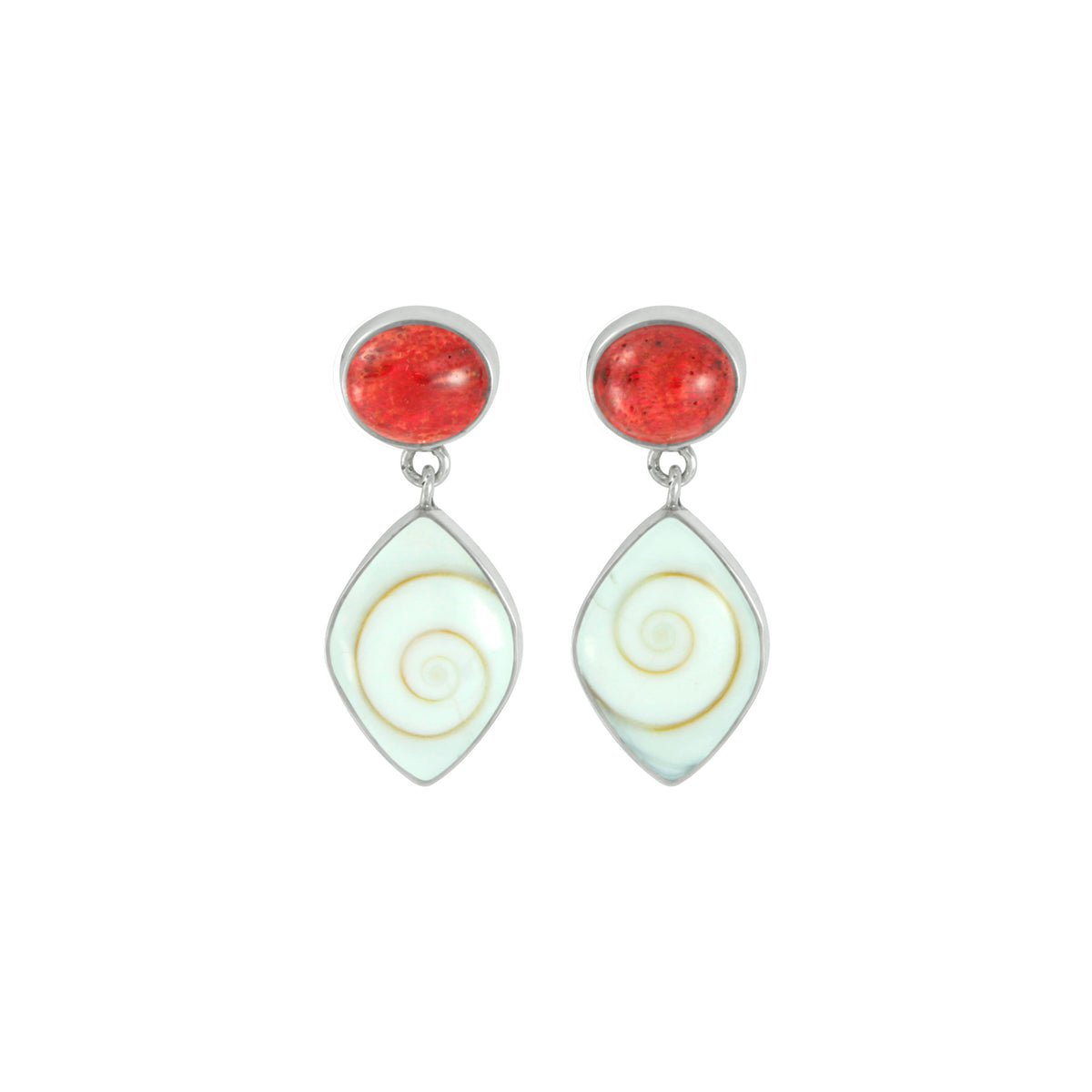 Silver Earring With Sponge Coral &amp; Spiral Shell Kite