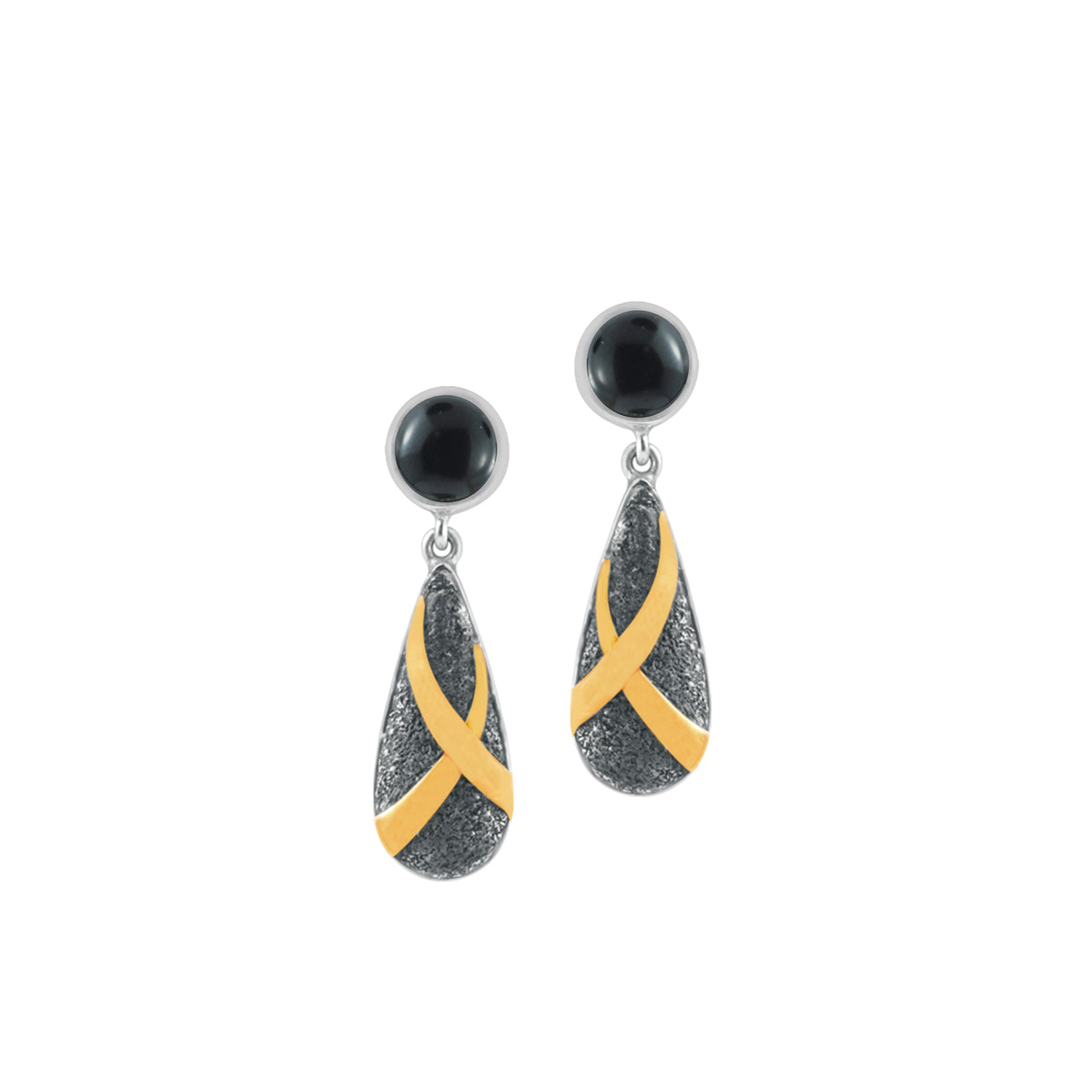 Silver Earring With Onyx Round &amp; Texture Pear Component