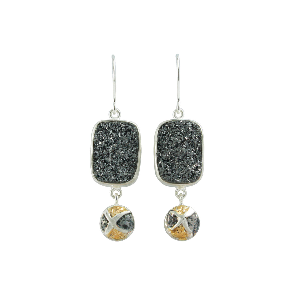 Silver Earring With Druzy Black Knight Rectangle And Texture Component Drop