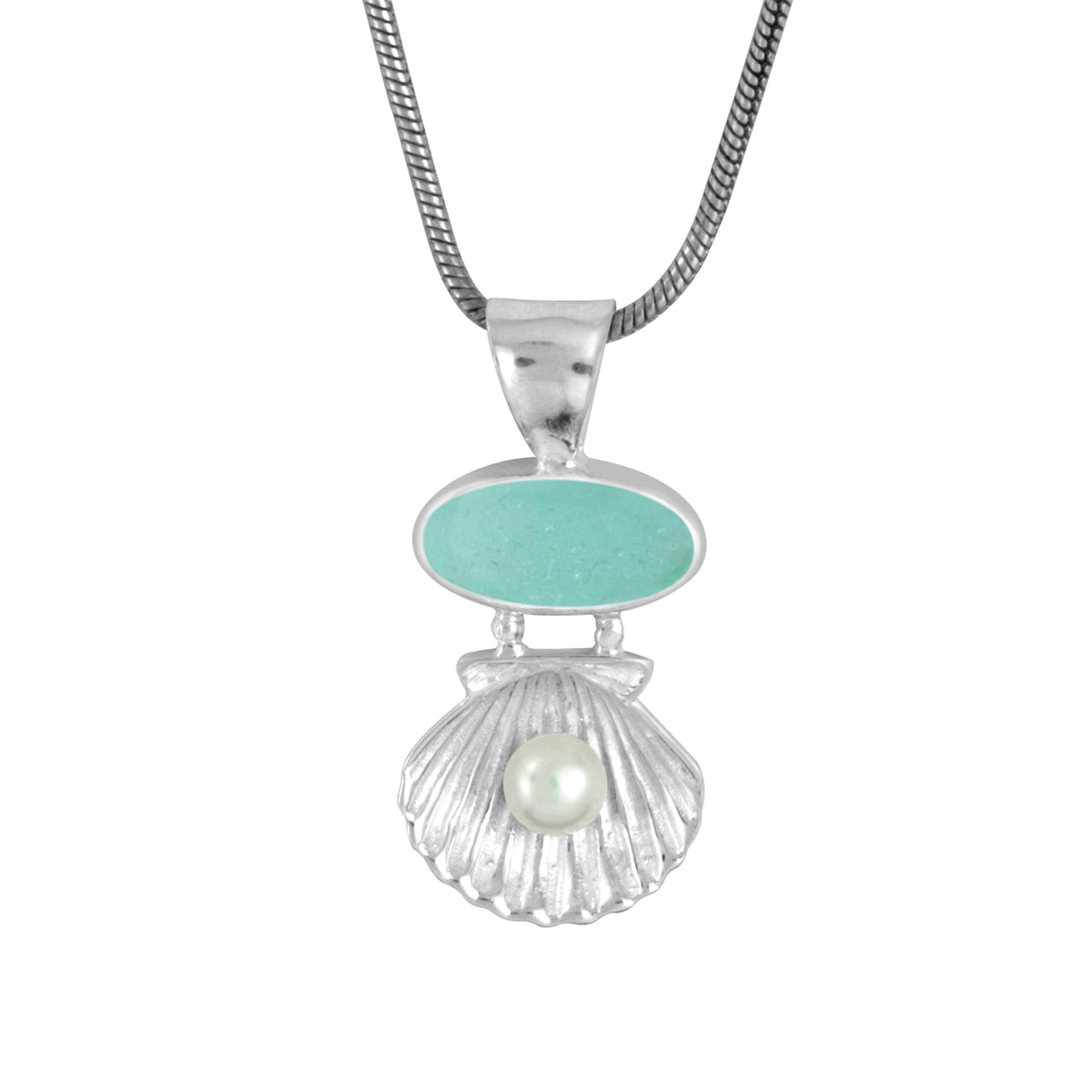 Sea Glass Shell Pendant with Pearl Treasure
