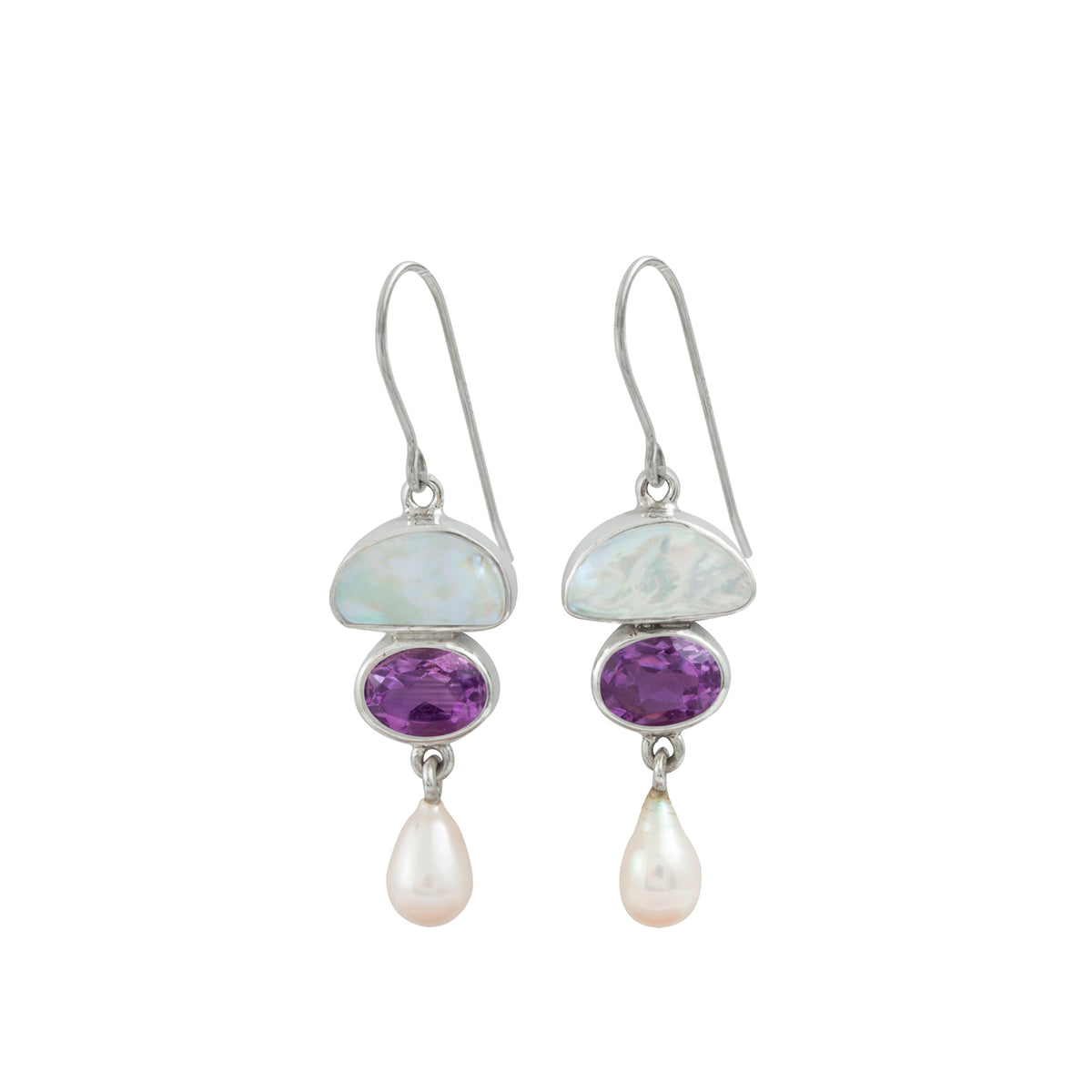 Silver Earring With Pearl White Keishi, Amethyst Oval, Pearl Drop