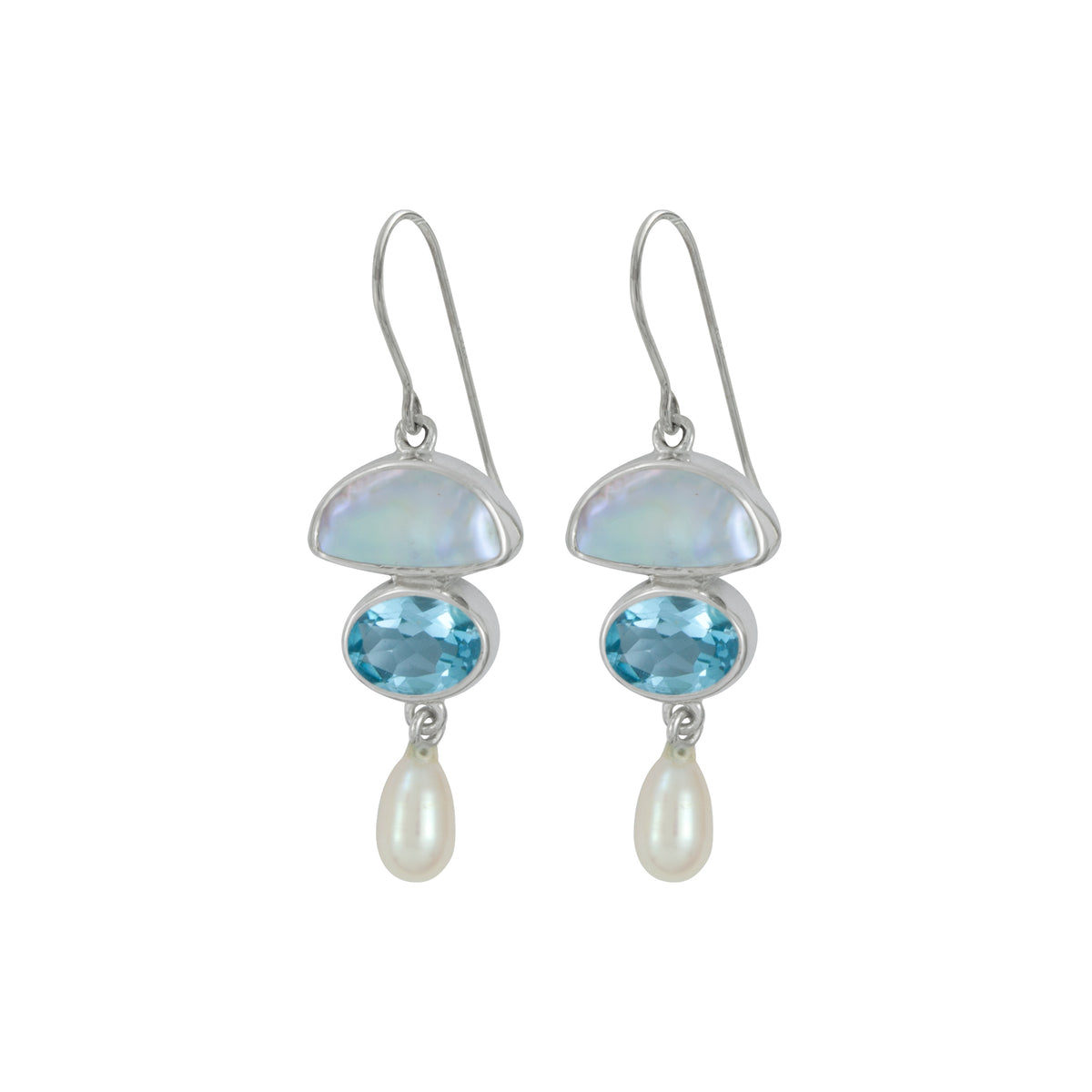 Silver Earring With Pearl White Keishi, Amethyst Oval, Pearl Drop