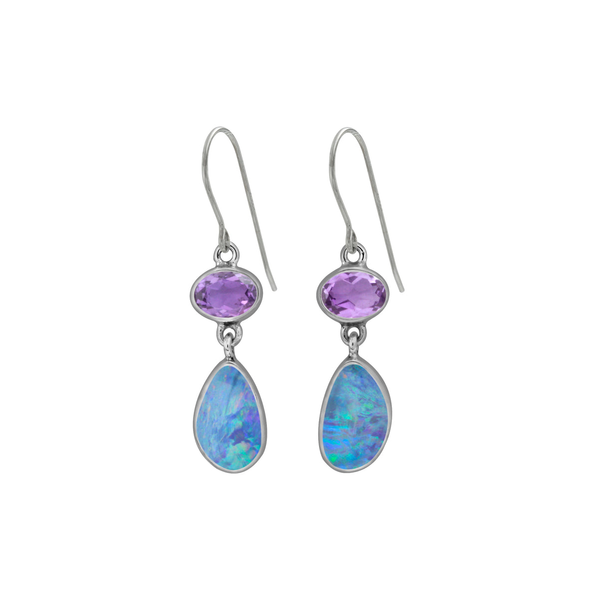 Silver Earring With Blue Topaz Oval &amp; Opal Free Form