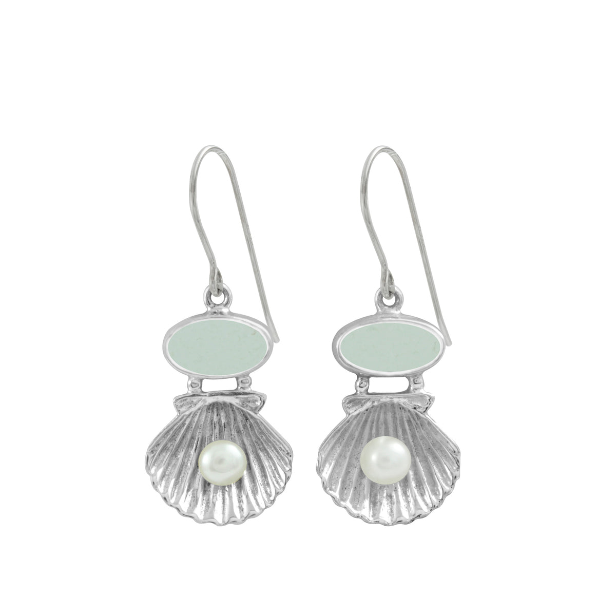 Silver Sea Shell Earring With  Sea Glass and Pearl Treasure