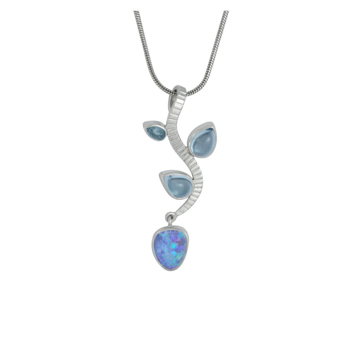 Silver branch Pendant With Opal &amp; Blue Topaz petals