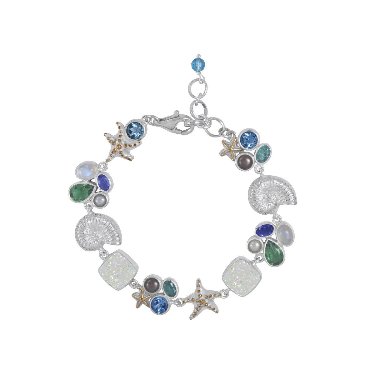 Silver Bracelet With Sea Shell Component And Multi Stone
