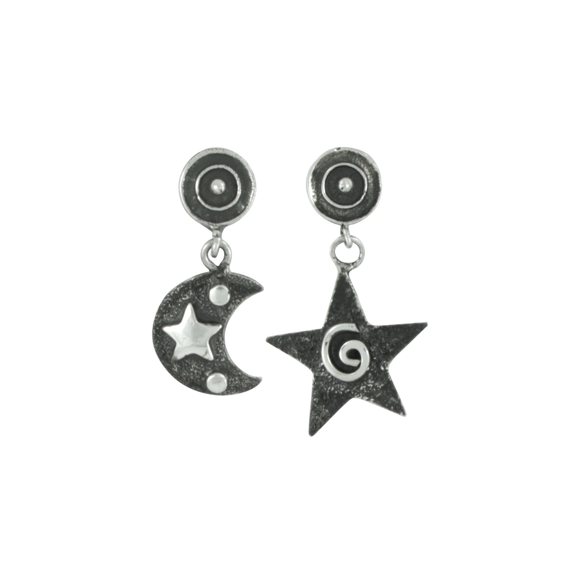 Silver Earring With Small Spiral Star &amp; Moon