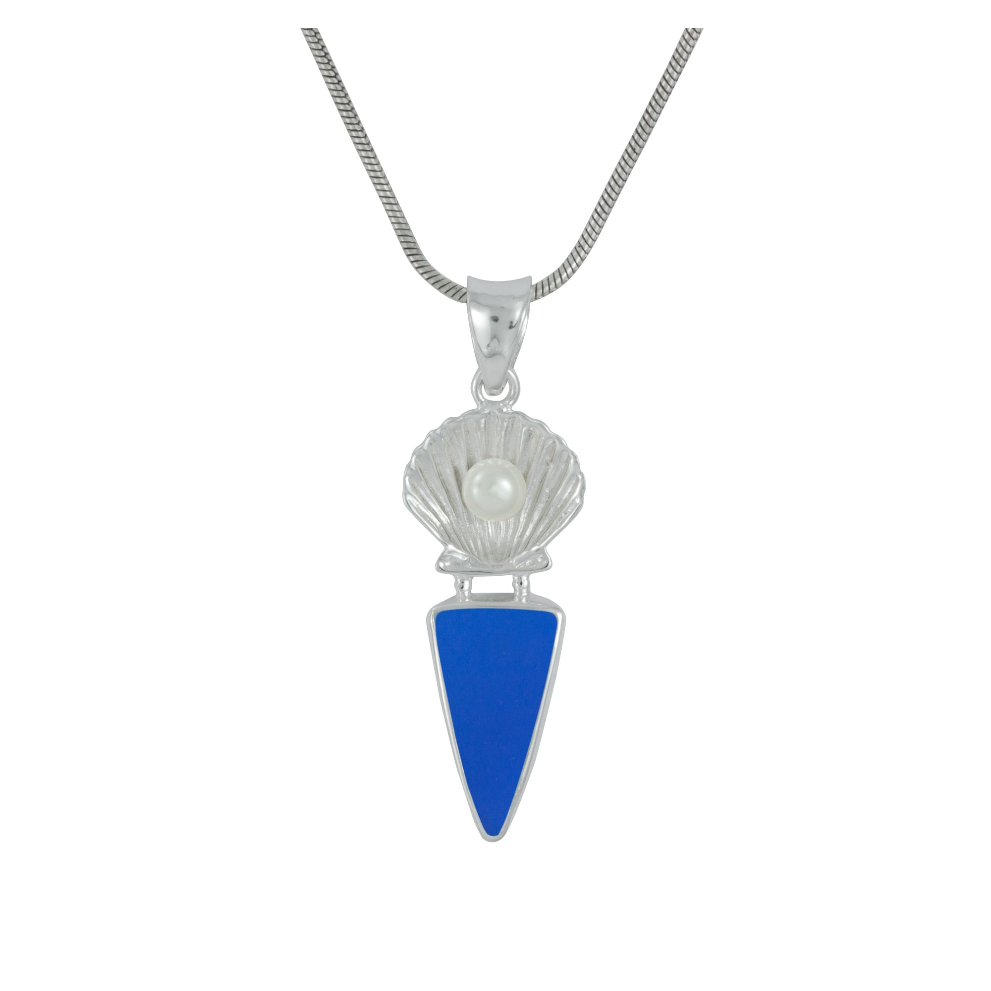 Silver Pendant With Shell Componant With Pearl Round & Sea Glass Aqua