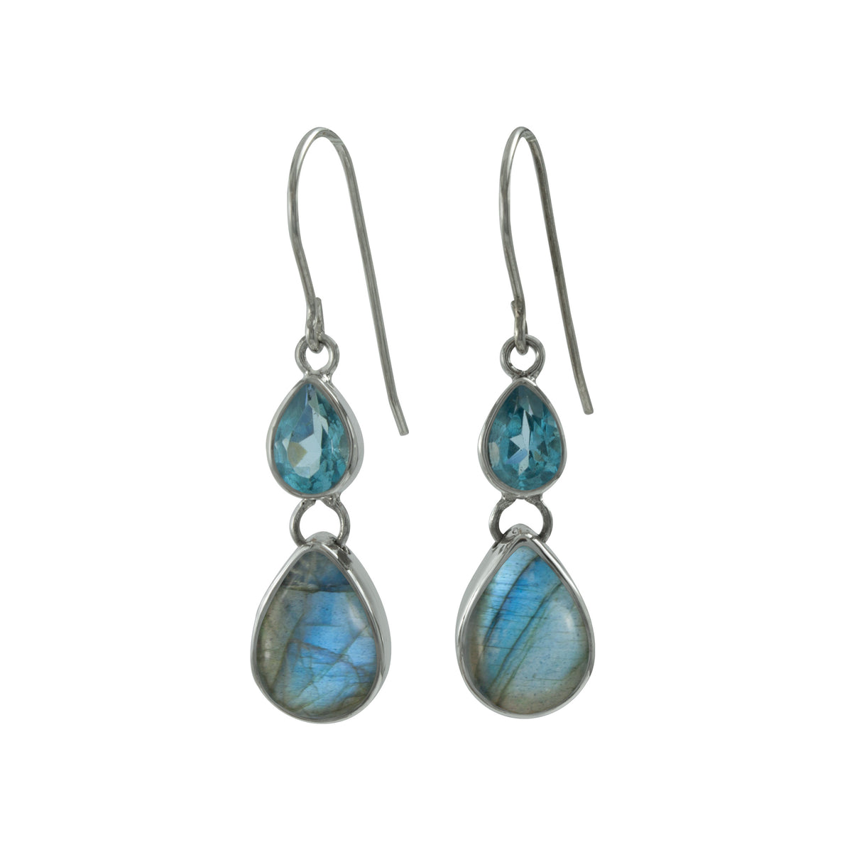 Silver Earring With Blue Topaz &amp; Laboradite Drop