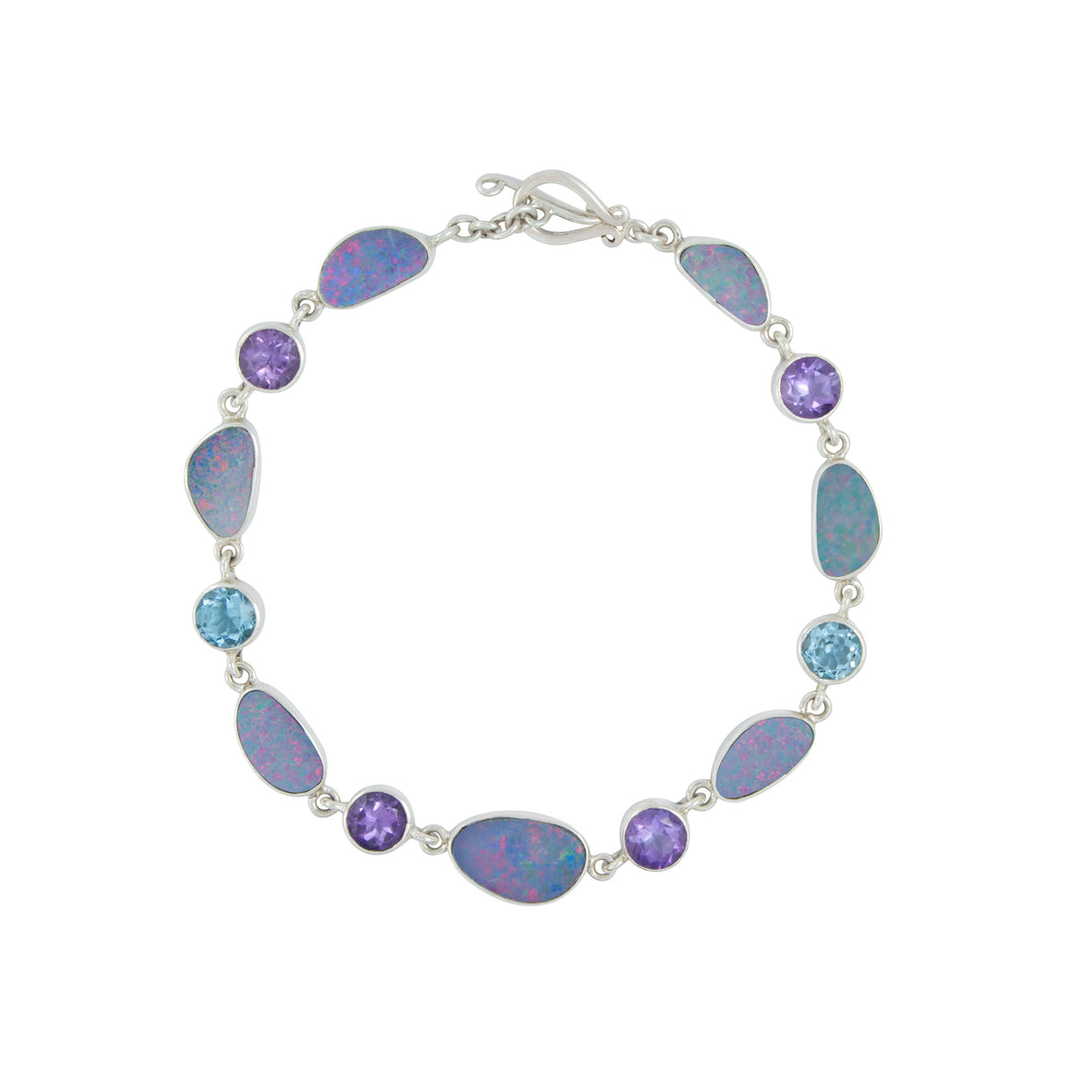 Silver Bracelet With Opal, Blue Topaz Round &amp; Amethyst Round