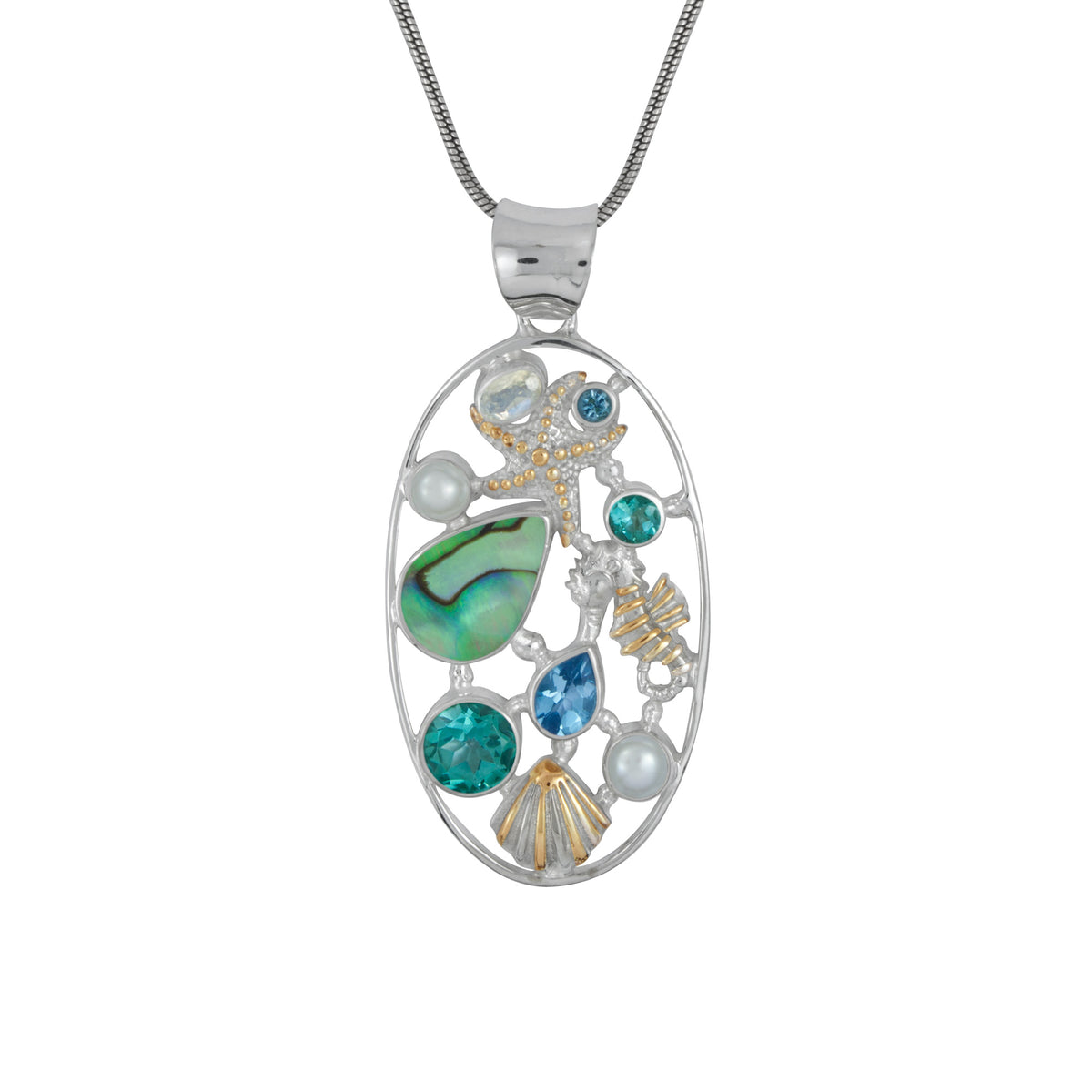 Silver Pendant With Multi Stone &amp; Sea Life Component Inside Oval Frame
