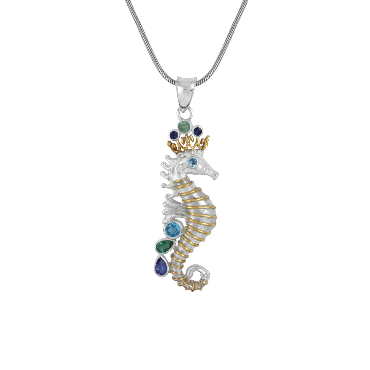 Silver Pendant With Sea Horse Component And Multi Color Stone