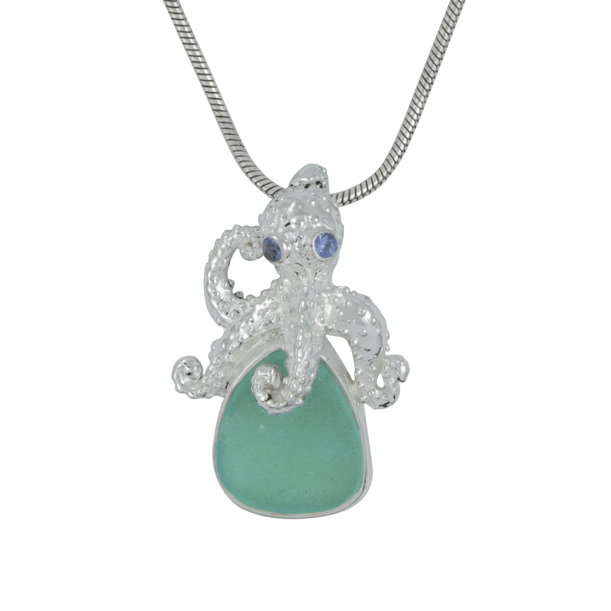 Precious Octopus and  Aqua Sea Glass Silver Pendant - A true Treasure from the Sea!
