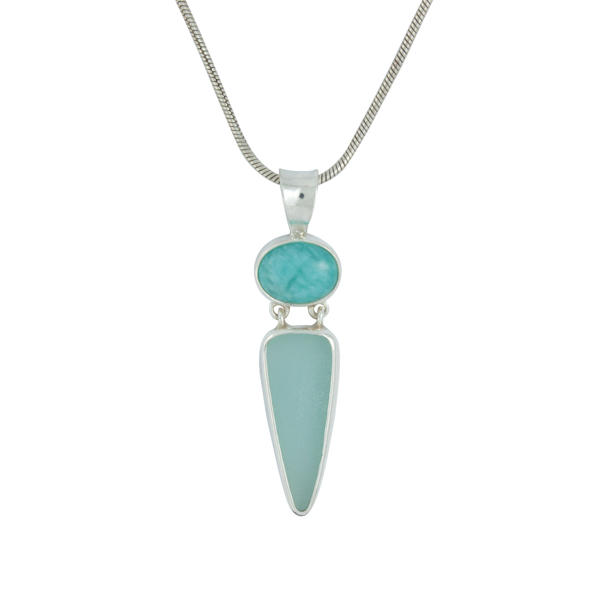 Silver Pendant With Amozonite Oval &amp; Sea Glass Aqua Drop