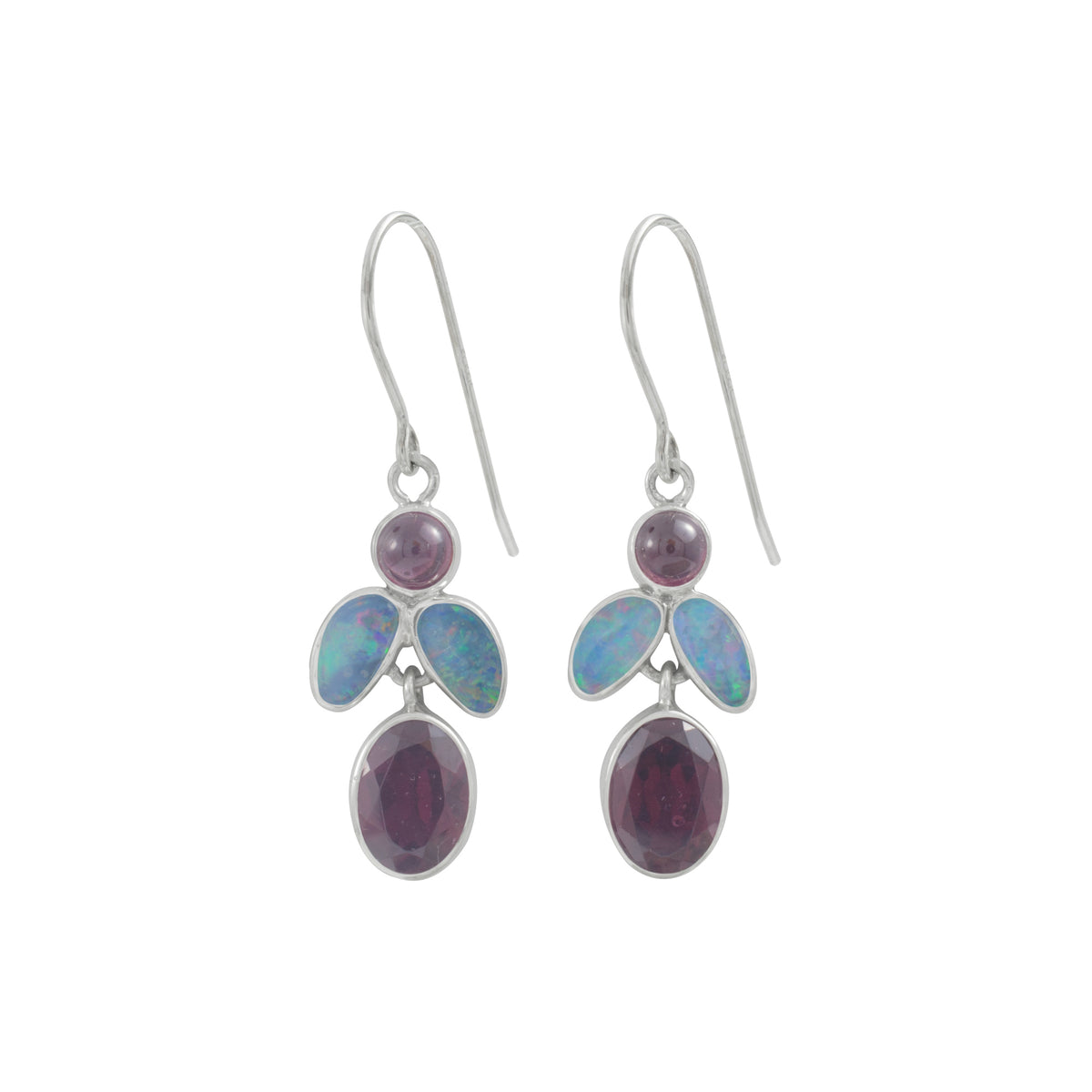 Silver Earring With Opal Flower Shape And Rhodolite Garnet Drop