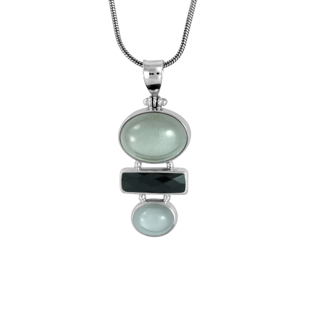 Silver Pendant With 2 Grey Moon Stone Oval &amp; Onyx Rectangle Brio