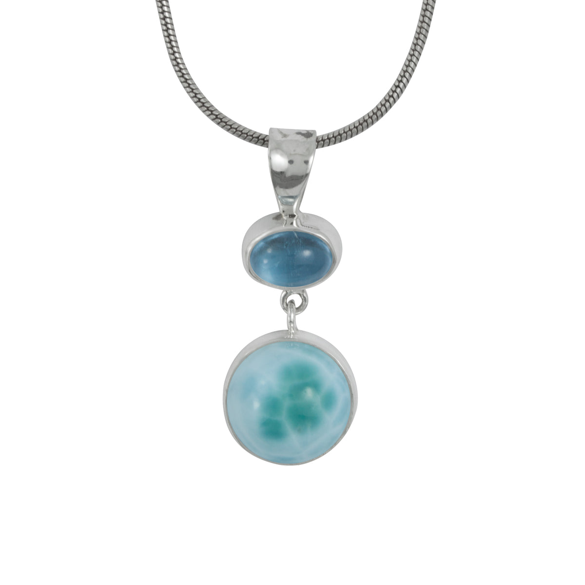 Silver Pendant With Blue Topaz Oval Cab &amp; Larimar Drop
