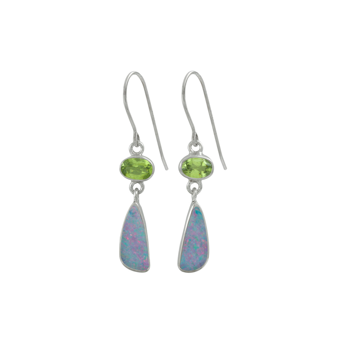 Silver Earring  With Peridot Oval &amp; Opal Free Form