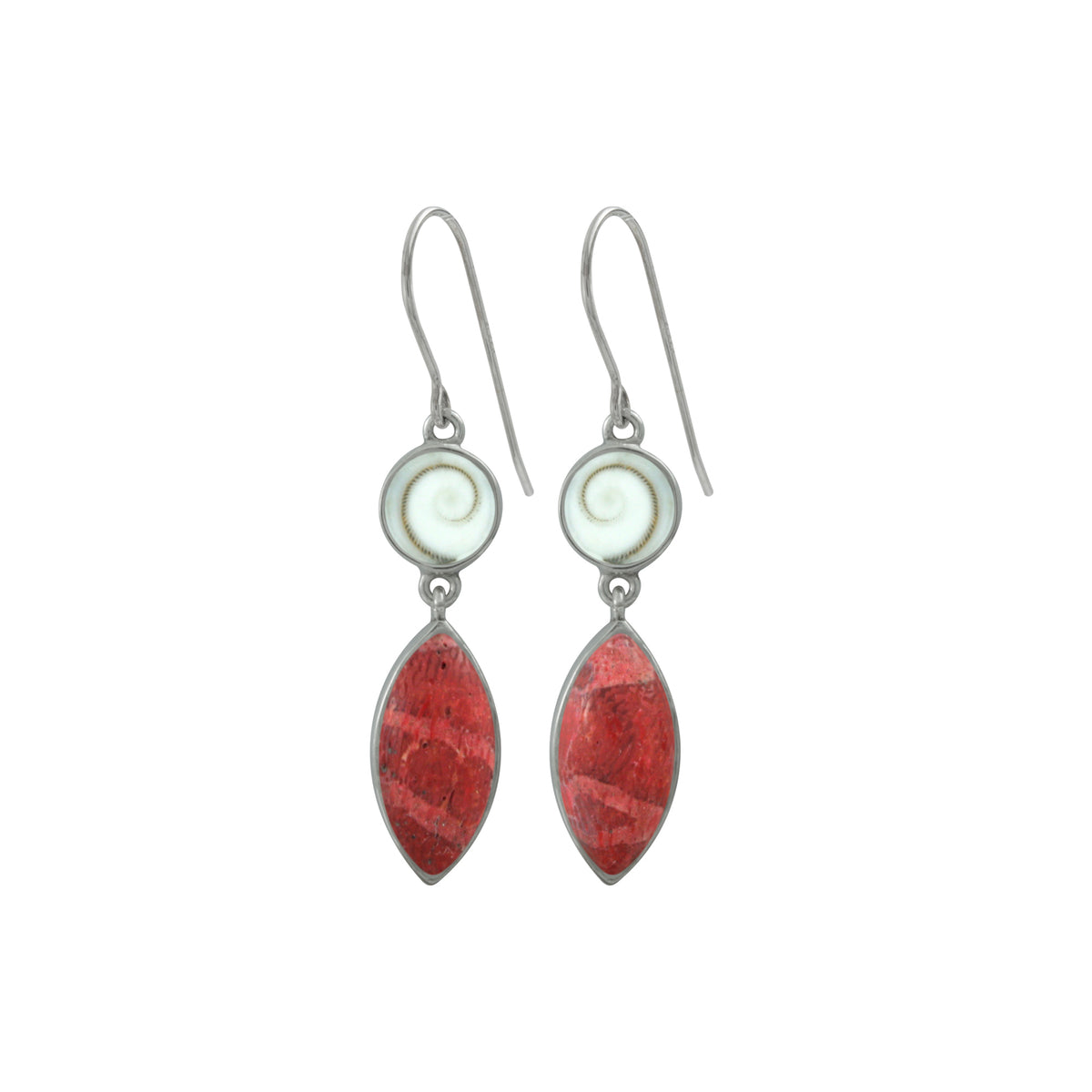 Silver Earring With Shelll Spiral &amp; Shell Sponge Coral