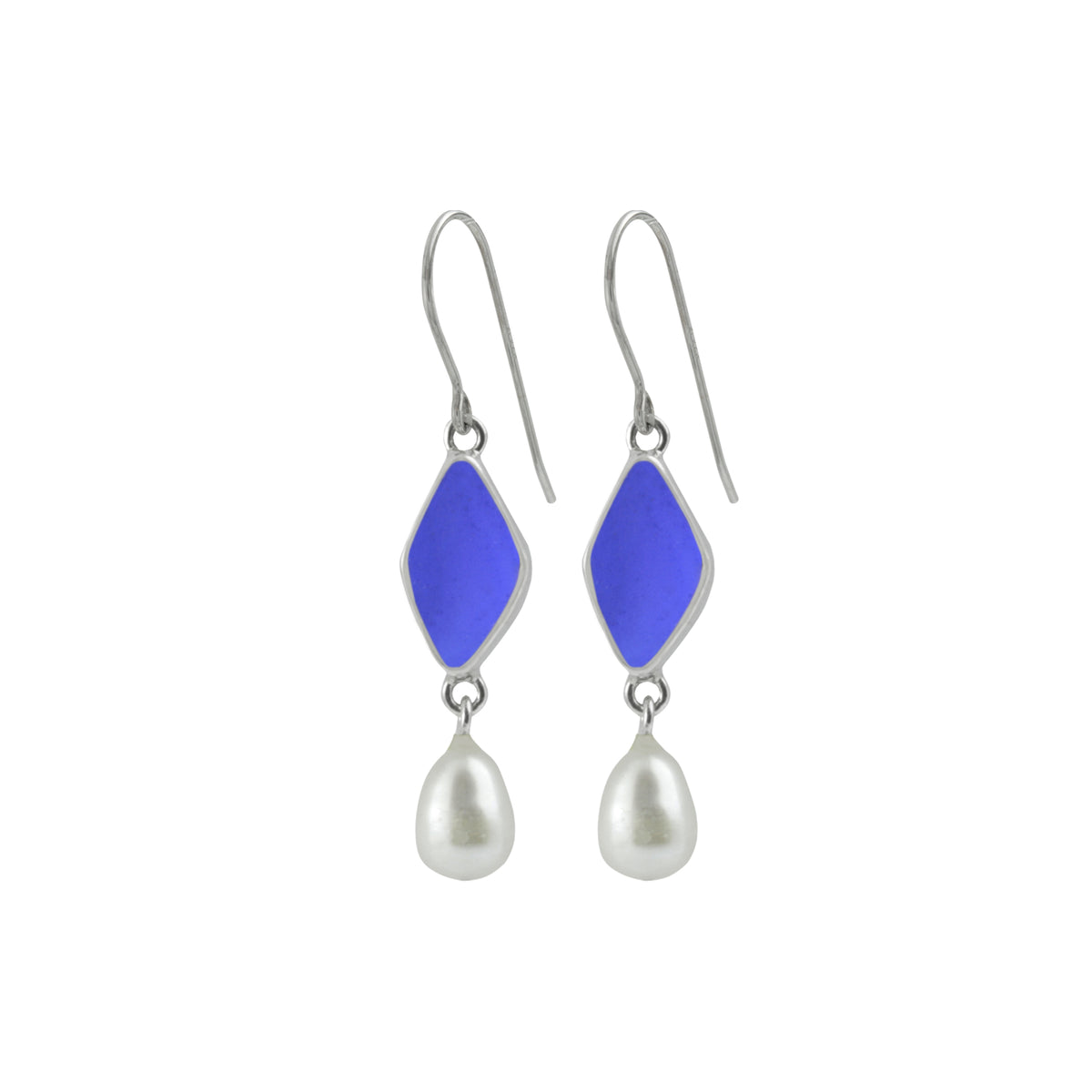 Cobalt Blue Sea Glass Earring With Pearl Drop