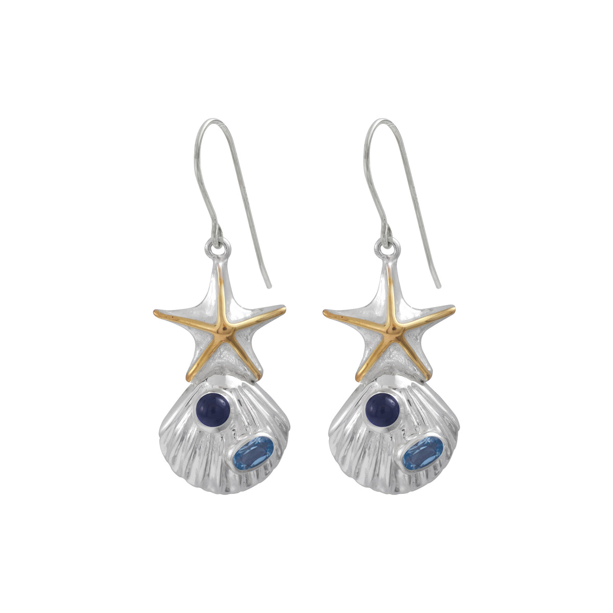 Silver Earring Sea Shell Component With Blue Topaz Oval And Iolite Round