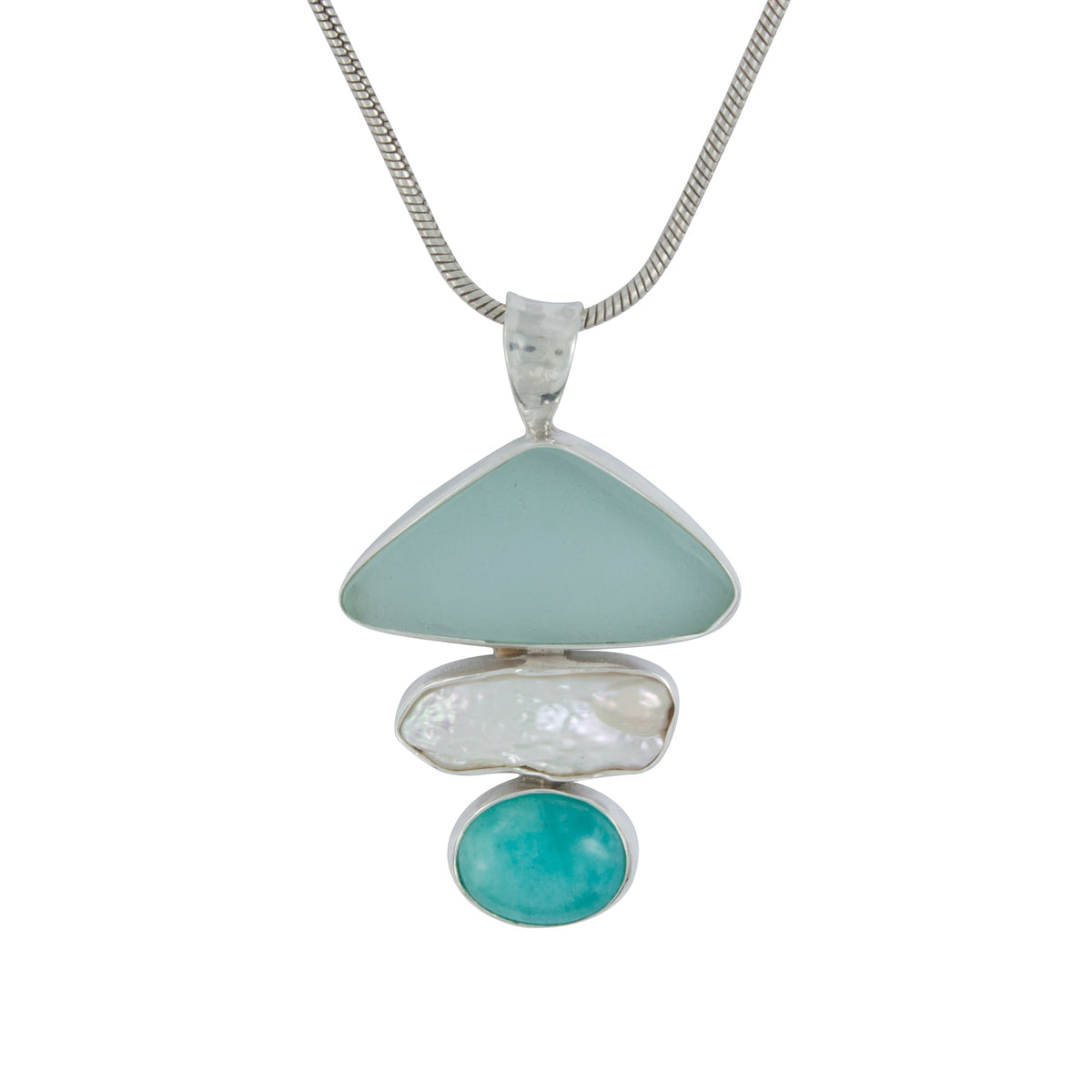 Elegant Seaglass Pendant -Pearl, Amozonite &amp; Aqua Seaglass