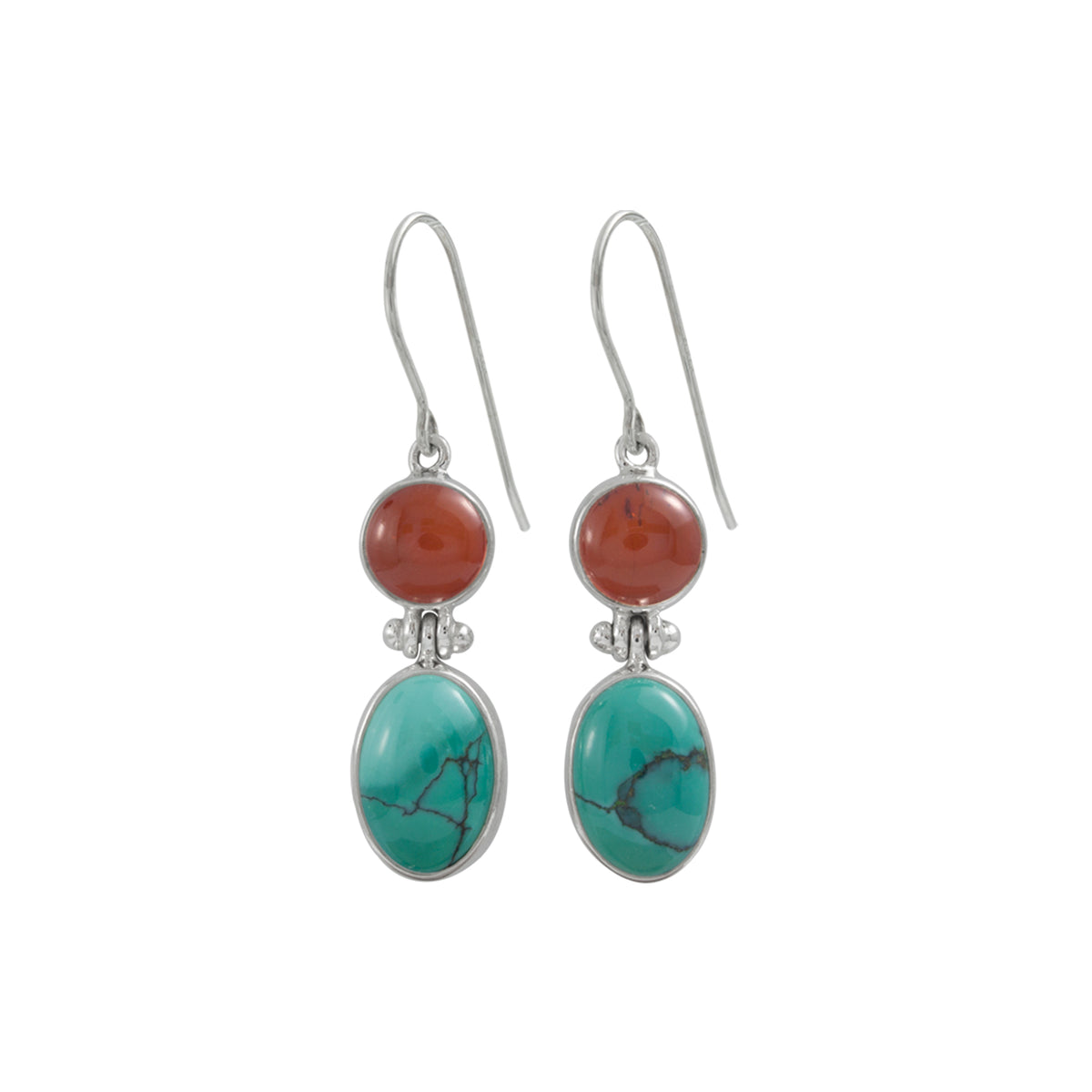 Silver Earring With Round Amber &amp; Oval Turquoise Stone