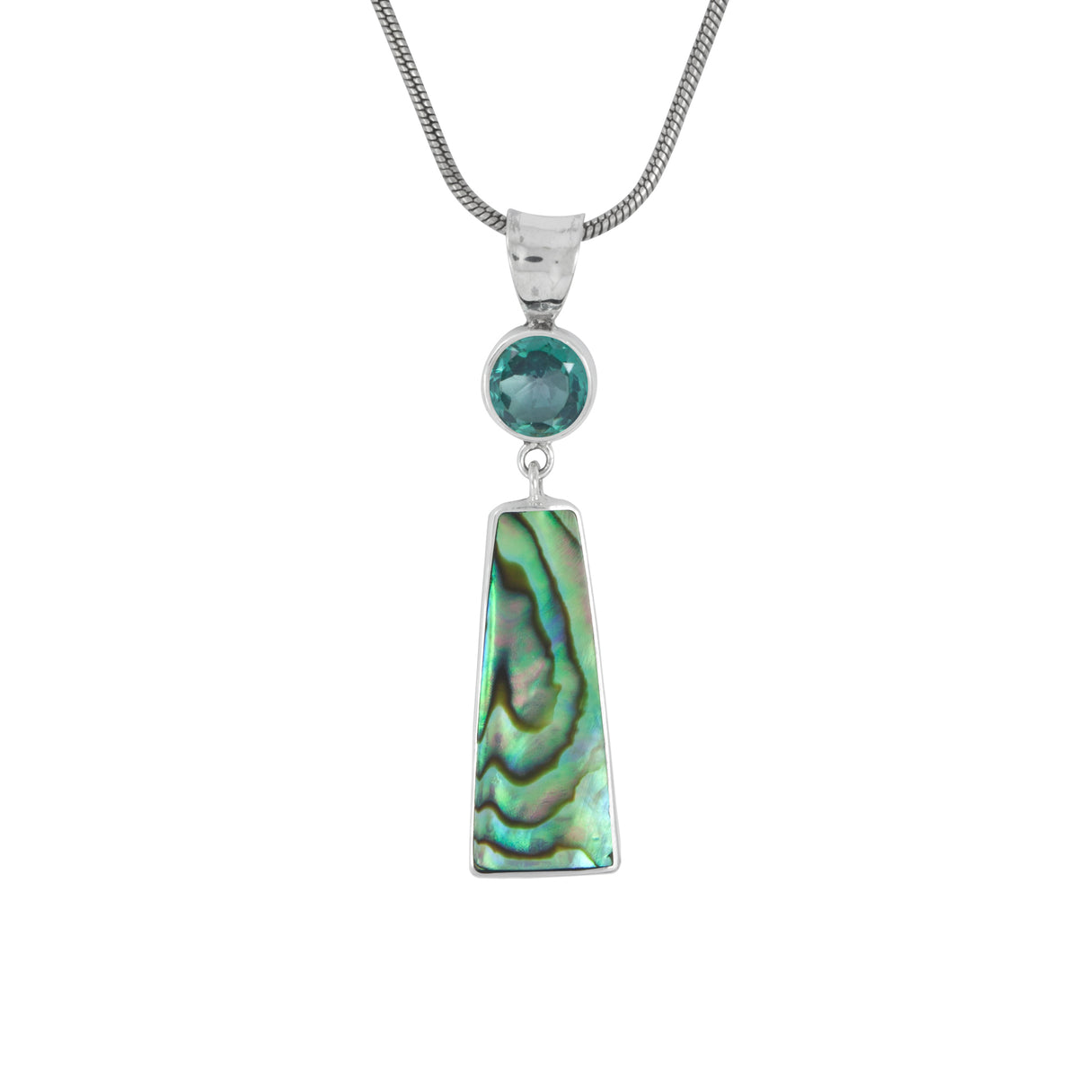 Silver Pendant With Green Quarzt Round Facet And Paua Rectangle