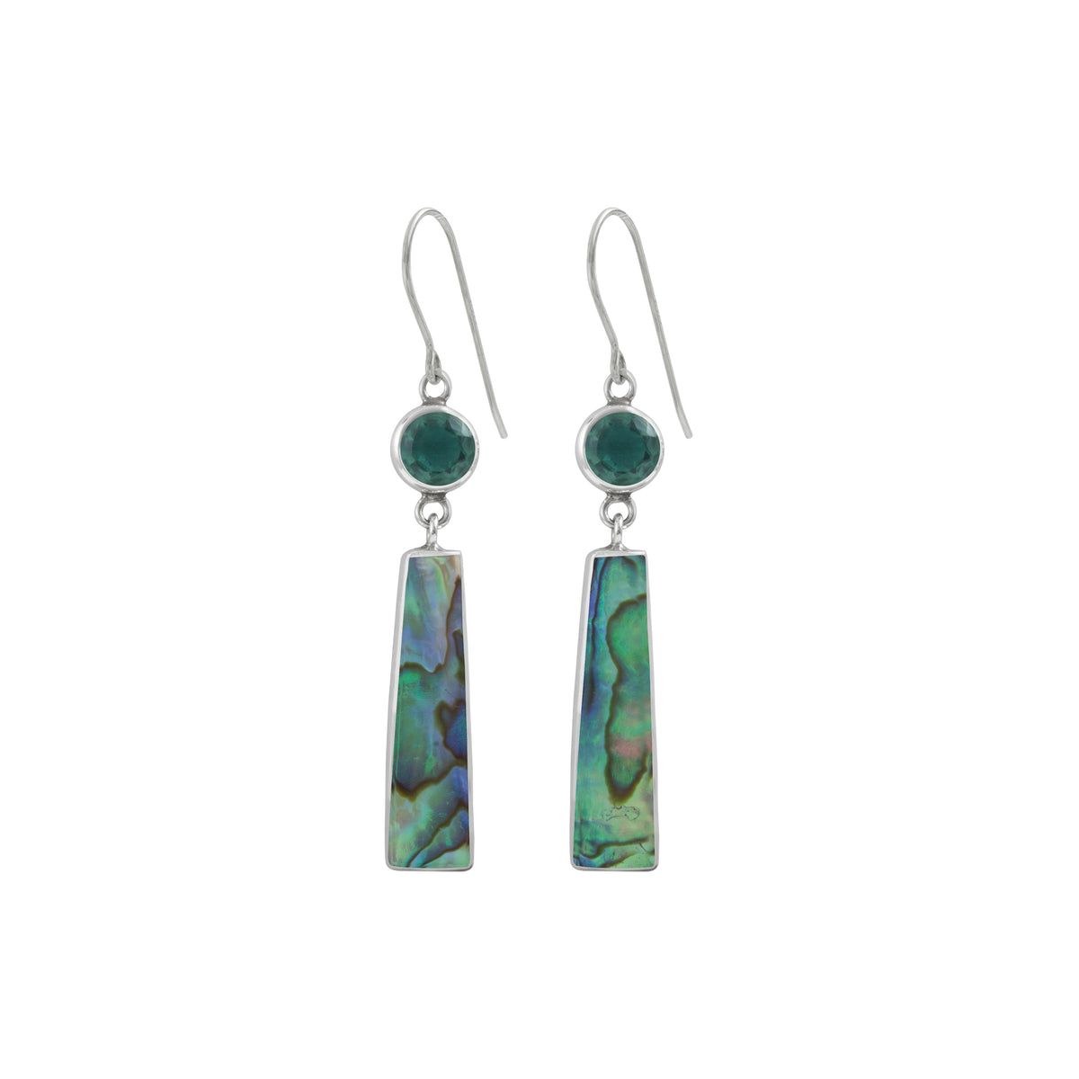 Silver Earring With Green Quartz Rounf Facet With Paua Rectangle Drop