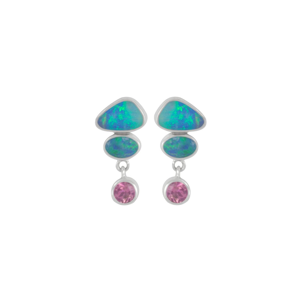 Silver Earring With Opals And Round Stone