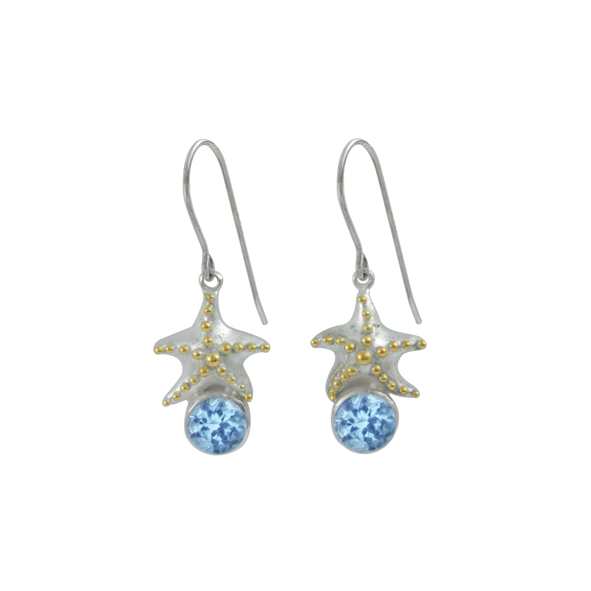Silver Earring With Star Component &amp; Blue Topaz Round Facet