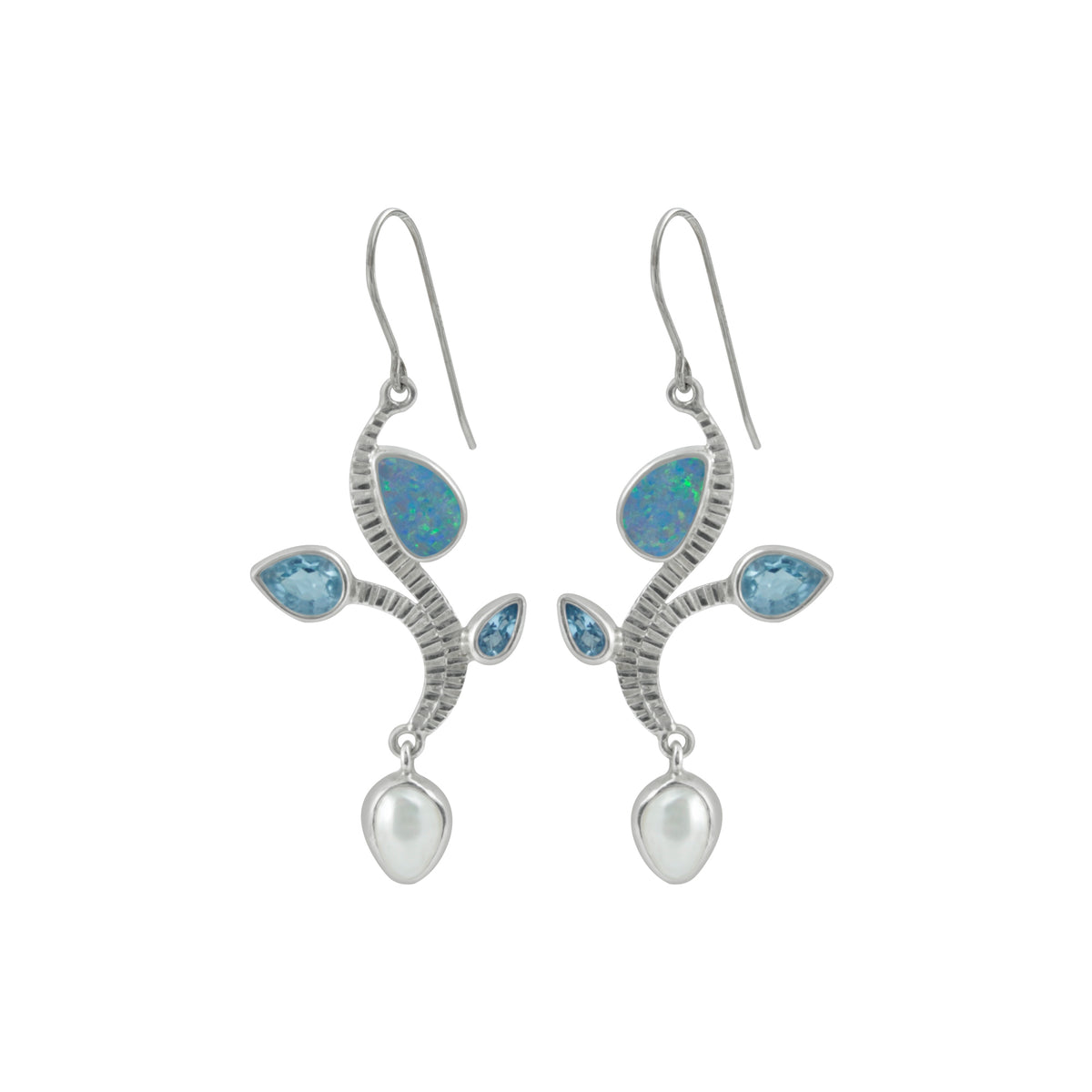 Contemporary Earring depicting a silver branch with Australian opal and blue topaz