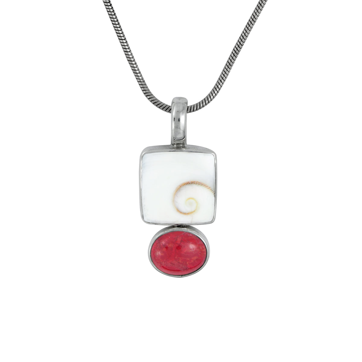 Silver Pendant With Shell Spiral Square &amp; Coral Oval Stone